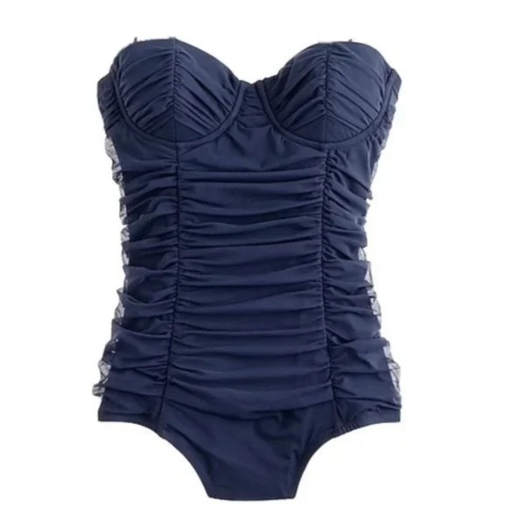 J.Crew Tulle Ruched Underwire One Piece Swimsuit in Navy Blue Size 2